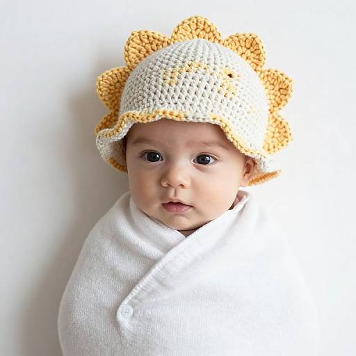 Photograph of an adorable baby with fair skin, wide brown eyes, and a crocheted sun hat, wrapped in a white blanket against a plain