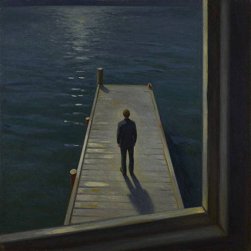 Nighttime oil painting of a man in a dark suit standing alone on a wooden dock, gazing at a dark, reflective lake.