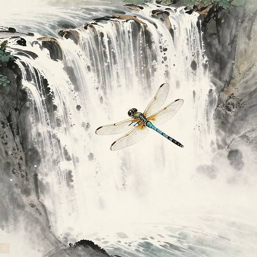 Digital drawing of a blue and yellow dragonfly hovering above a cascading waterfall with white, splashing water and dark, rocky edges.