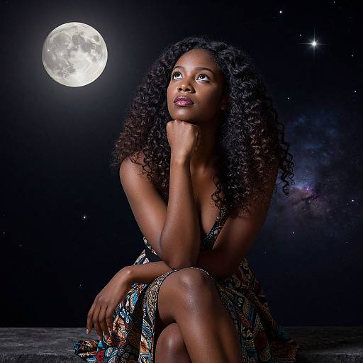 Photograph of a beautiful dark-skinned woman with curly hair, wearing a patterned dress, gazing at a full moon in a starry night