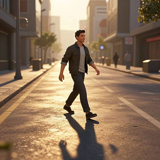 Photorealistic CGI of a handsome, dark-haired man in a black jacket and jeans walking down a sunlit, empty city street.