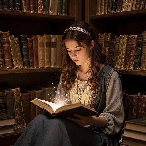 Photograph of a young woman with long brown hair, wearing a silver headband and gray blouse, reading a glowing book in a dimly lit library