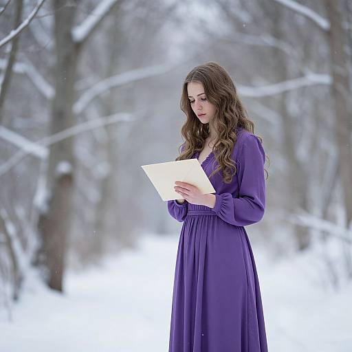 Photograph of a fair-skinned woman with long brown hair, wearing a purple long-sleeve dress, reading papers in a snowy forest.