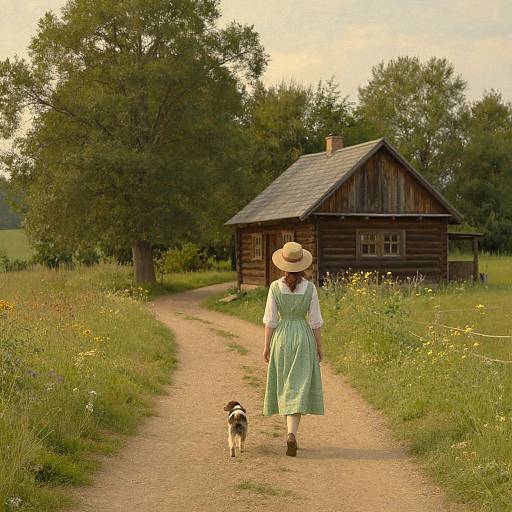 Photograph of a woman in a green dress and straw hat walking a small dog on a dirt path to a rustic wooden cabin in a sunny, grass