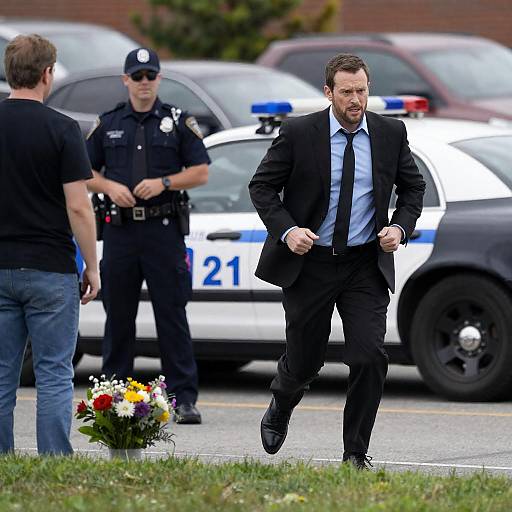 Man Running Near Police Car and Officer
