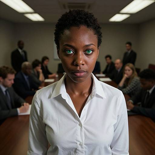 Photograph of a serious black woman with short curly hair, green eyes, and white button-up shirt, standing in a dimly lit, blurred conference
