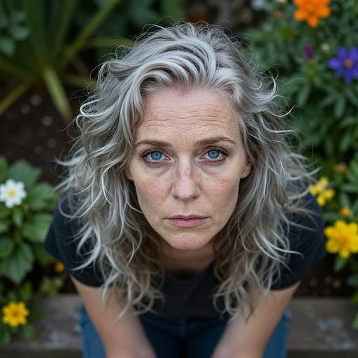 Photograph of a middle-aged woman with wavy silver hair, blue eyes, and fair skin, looking directly at the camera, surrounded by colorful flowers