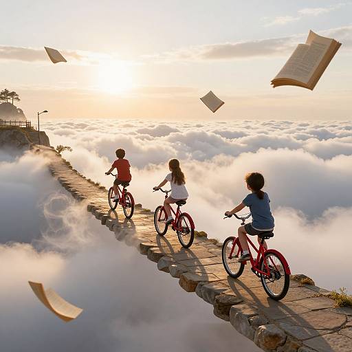 Photograph: Three children on red bicycles ride on a stone path above a sea of clouds at sunrise, with floating books.