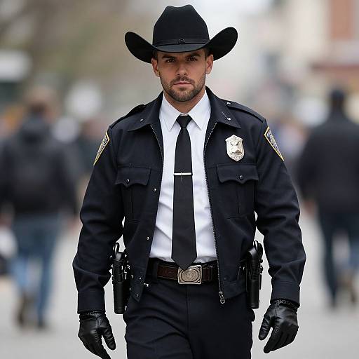 Photograph of a serious male police officer in black uniform, white shirt, black tie, cowboy hat, and gloves, standing in a blurred urban background