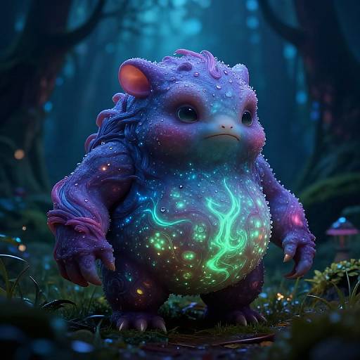 Digital artwork of a glowing, purple, chubby, creature with bioluminescent patterns, standing in a dark, enchanted forest with mushrooms.