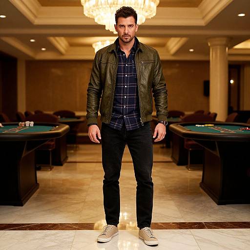 Photograph of a bearded man with short dark hair, wearing a black leather jacket, plaid shirt, black jeans, and white sneakers, standing