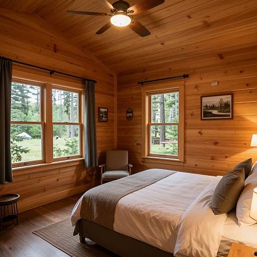 Photograph of a cozy wooden cabin bedroom with a king-size bed, white linens, gray pillows, two windows, ceiling fan, armchair,