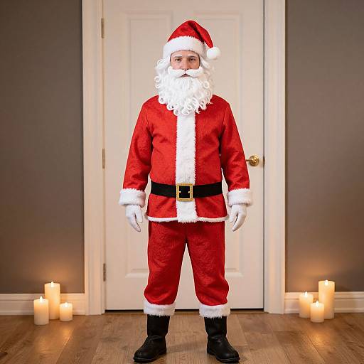 Photograph of a person in a full Santa Claus costume with white beard, red suit, black belt, white gloves, and boots, standing in front