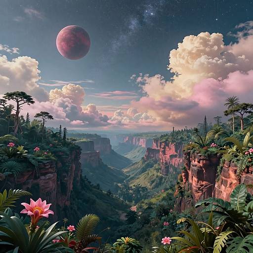 Digital fantasy landscape: lush, green valley with pink flowers, towering cliffs, towering pink clouds, and a large purple planet in a starry sky.