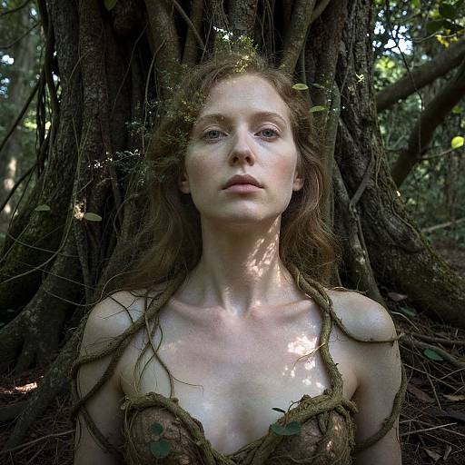 Photograph of a fair-skinned, red-haired woman with bare shoulders and vine-like decorations, standing against a large tree in a forest, with d