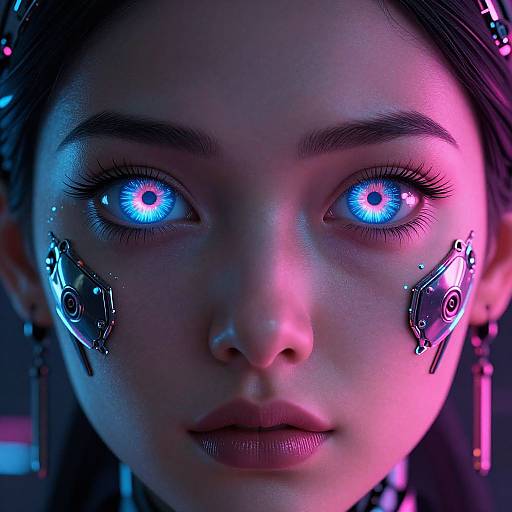 CGI close-up of a woman with glowing blue eyes, cybernetic facial enhancements, pink and blue neon lighting, and serious expression.