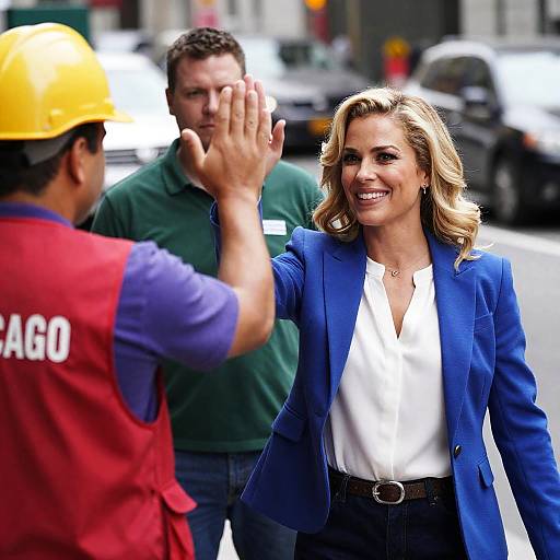 Woman High-Fiving Construction Worker on City Street