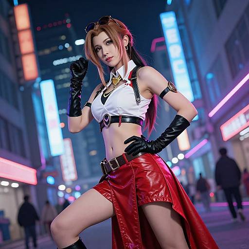 Digital artwork of a cosplay woman in a neon city, wearing a white crop top, red leather skirt, black gloves, and sunglasses on her head,