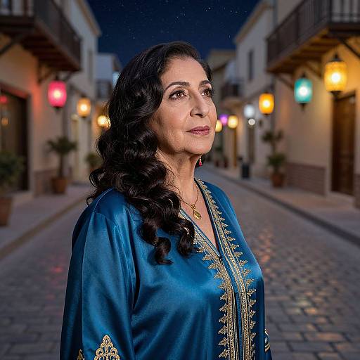 Photograph of a middle-aged Indian woman with long black hair, wearing a blue embroidered robe, standing on a cobblestone street at night, illuminated
