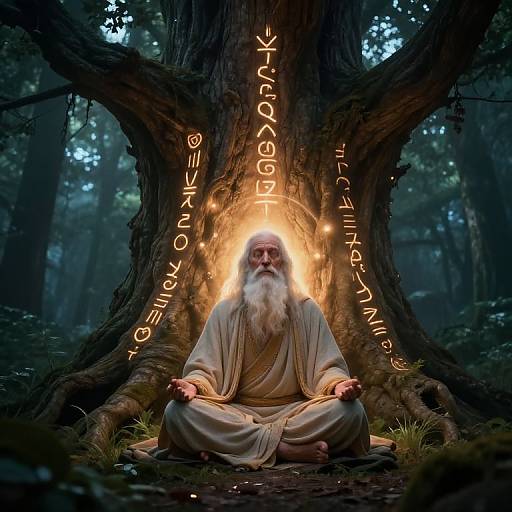 Photograph of an elderly bearded man with a glowing halo, sitting cross-legged at the base of a large tree in a forest, surrounded by mystical