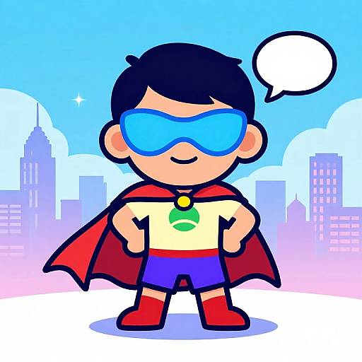 Cartoon-style digital drawing of a smiling child superhero with blue goggles, red cape, red boots, and blue shorts, standing against a pastel city