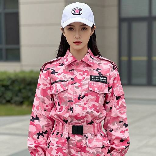 Woman in Pink Camouflage Outfit