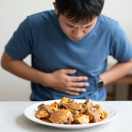 Photograph of an Asian man in a blue shirt, hand on stomach, looking down at a white plate of cubed, browned meat.