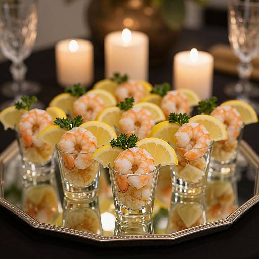 Photograph of shrimp cocktail appetizers on a reflective silver platter, garnished with lemon slices and fresh parsley, surrounded by lit candles and crystal glasses