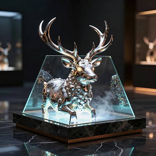 Photograph of a glowing, silver, intricately detailed deer statue with large antlers, encased in a clear, geometric glass display, illuminated by