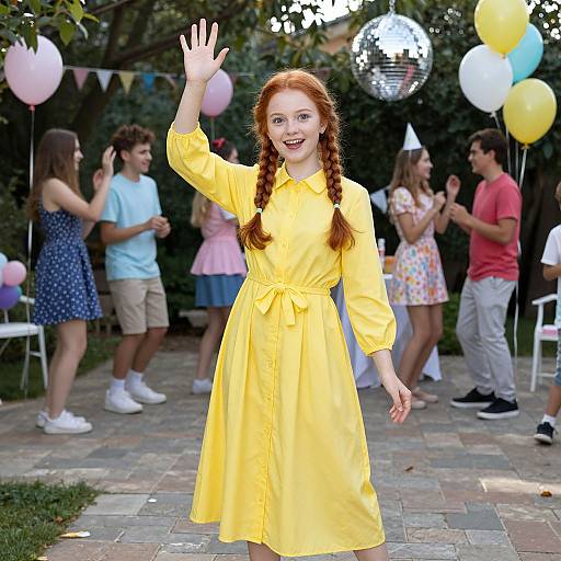 Photograph of a smiling red-haired girl in a yellow dress, waving at a backyard party with balloons and friends.