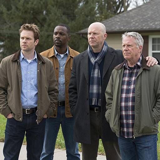 Four men standing outdoors on a cloudy day