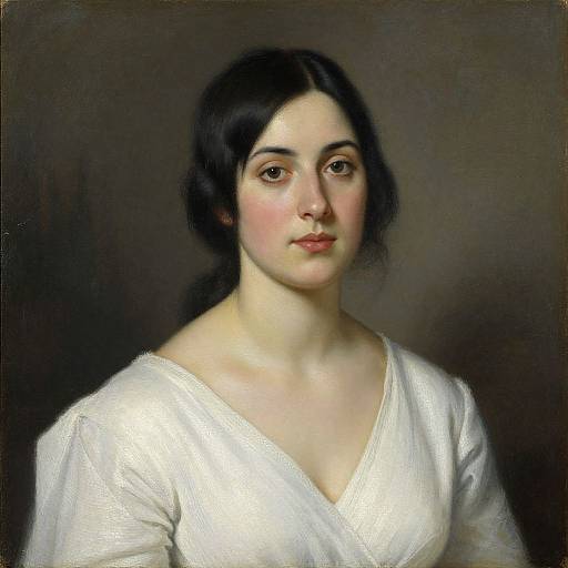Oil painting of a young woman with fair skin, dark hair, and brown eyes, wearing a white V-neck dress, against a dark background.