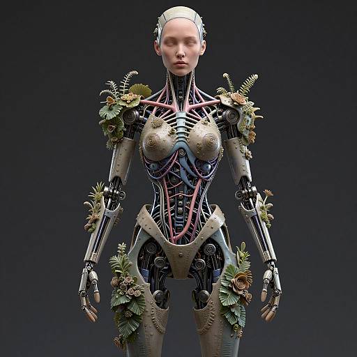 Digital artwork of a futuristic, humanoid robot with exposed wiring, adorned with green and brown floral decorations, standing against a dark gradient background.