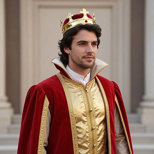 Photograph of a dark-haired man wearing a gold and red regal robe with a red and gold crown, standing in front of a classical building.