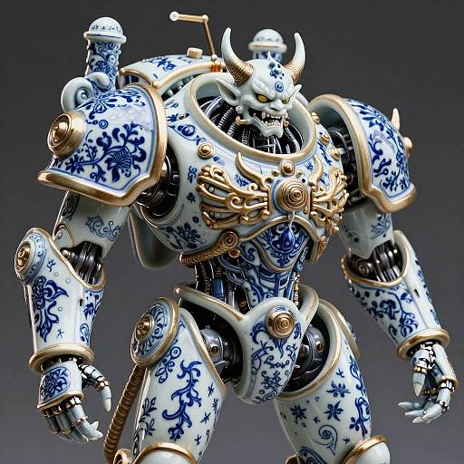 Digital CGI of a muscular, armored robot with white and blue floral-patterned plates, gold accents, and a horned helmet, standing against a dark