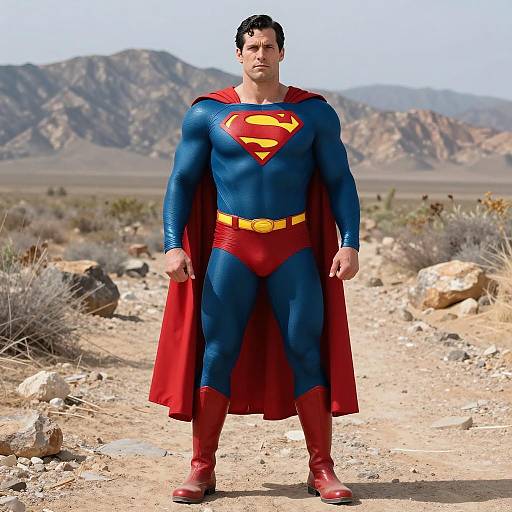 Muscular Superman in Desert Landscape