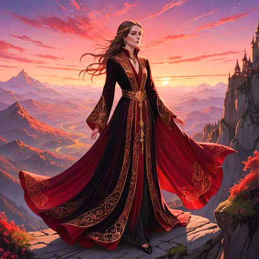Elegant Fantasy Woman at Mountain Sunset