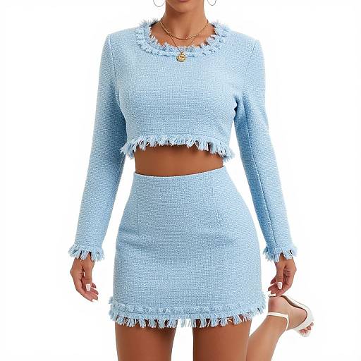 Photograph of a woman with light brown skin wearing a light blue, fringed, long-sleeve crop top and matching skirt, gold necklace,