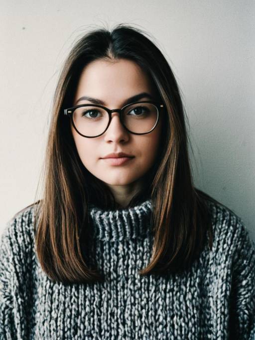 Young Woman in Chunky Knit Sweater with Glasses