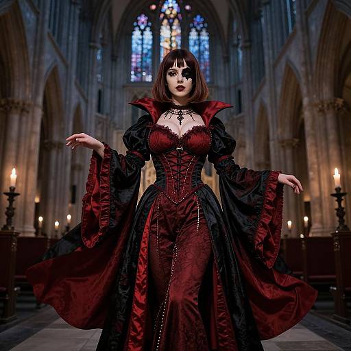 Photograph-style digital art of a gothic woman in a red and black, corseted, Victorian-style gown with lace and chains, standing in