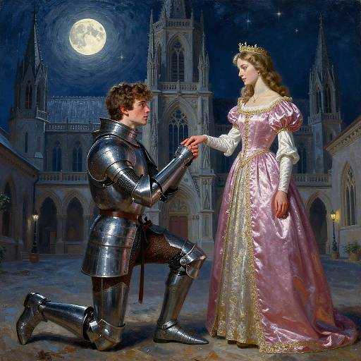 Moonlit Knight and Princess Oil Painting