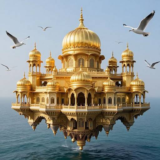 Golden floating temple with multiple domes and intricate carvings, surrounded by flying seagulls, reflected in calm ocean water. Photorealistic CGI