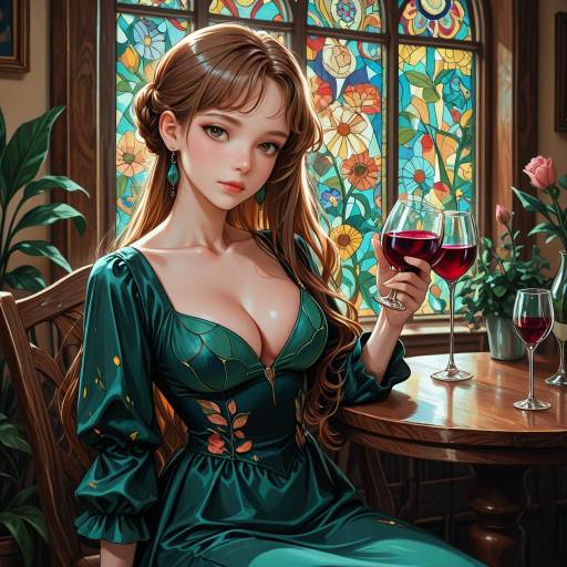 Elegant Girl Enjoying Wine Indoors