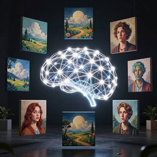 Photograph of a dark room with a glowing brain-like light installation, surrounded by nine colorful portraits of diverse individuals and landscapes.