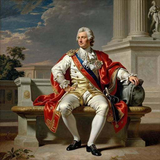 Baroque painting of a distinguished white-haired man in white and gold military attire, red sash, sitting on a stone bench, holding a helmet,