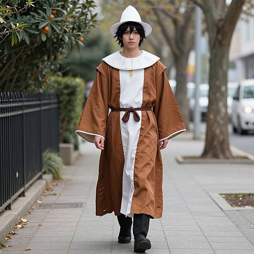 Photograph of an Asian man in a brown robe with white collar and trim, black belt, white hat, black boots, walking on a city sidewalk