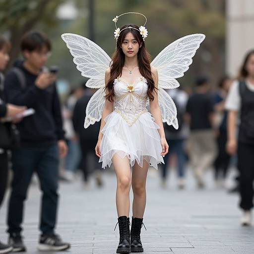 Photograph of an Asian woman with long brown hair, wearing a white angelic dress, translucent wings, halo headband, black boots, standing in