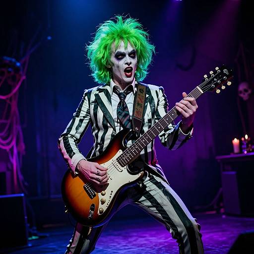 Photograph of a punk rock musician with neon green, wild hair, white-black striped suit, playing a sunburst electric guitar on stage.