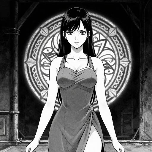 Black-and-white manga-style drawing of a serious, long-haired woman in a draped dress standing in front of a glowing, intricate circular magical symbol in a