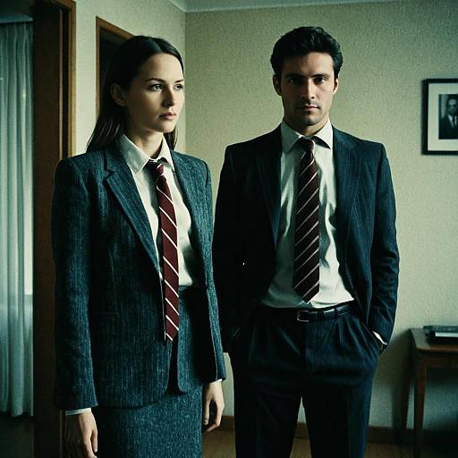 Photograph of a serious-looking man and woman in dark suits with striped ties, standing in a dimly lit, beige-walled room.